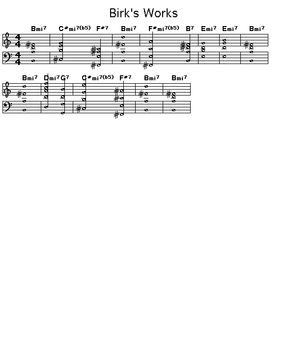 Birks Works, p1: GIF image of the score for the chord progression of John Birks "Dizzy" Gillespie's "Birks Works"