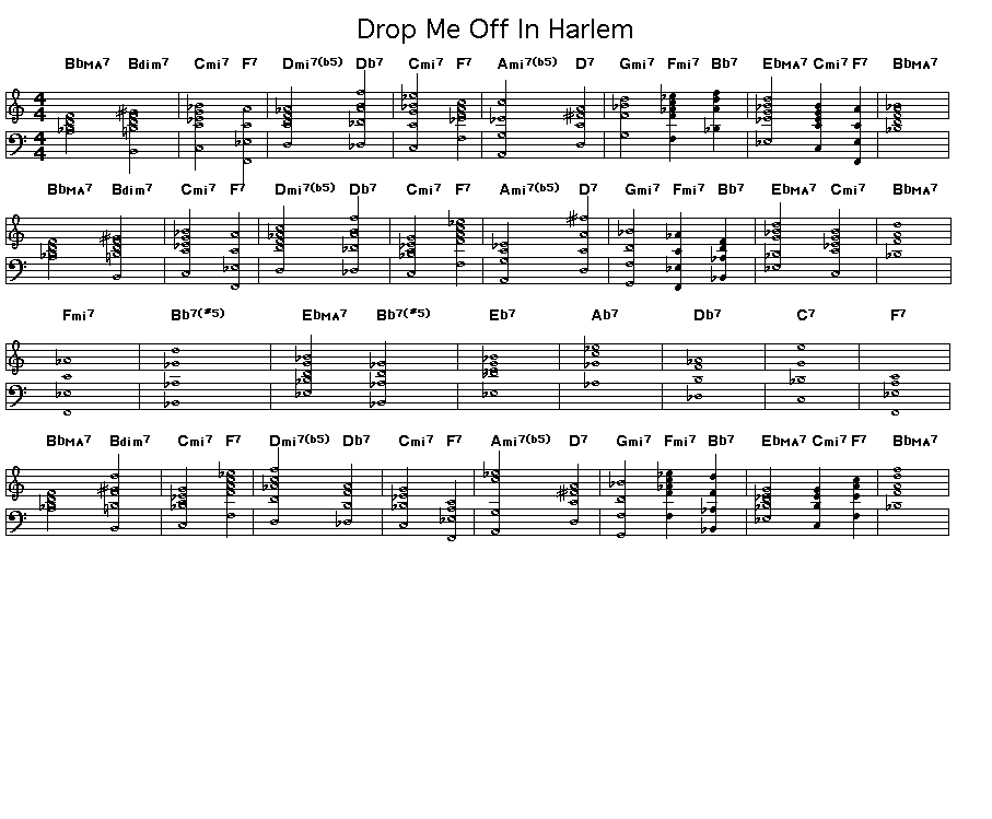 Drop Me Off In Harlem, p1: Page 1 of the score for the chord progression of "Drop Me Off In Harlem".