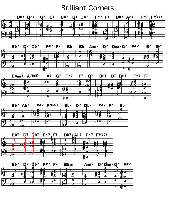 Brilliant Corners, p1: Page 1 of the score of the chord sequence of Thelonious Monk's "Brilliant Corners".