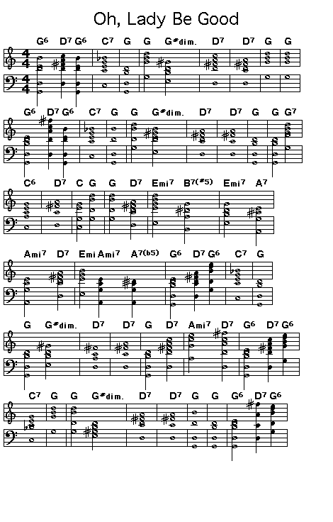 Oh, Lady Be Good, p1: GIF image of page 1 of the score of the changes of George Gershwin's "Oh, Lady Be Good".