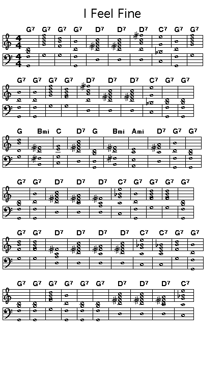 I Feel Fine, p1: <P>Page 1 of the score of the chord progression for John Lennon and Paul McCartney's "I Fell Fine".</P>  <P> </P>