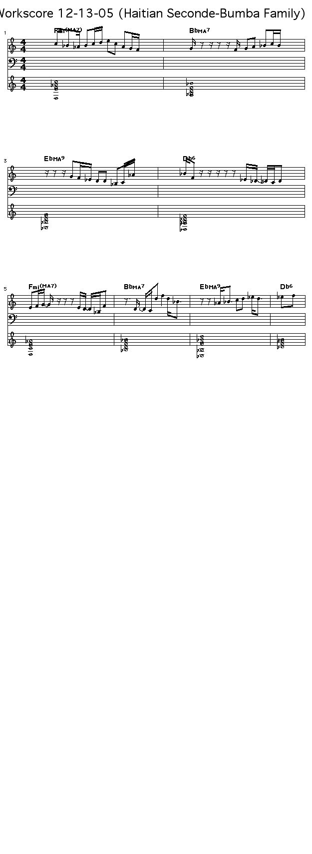 Workscore 12-13-05 (Haitian Ibo Seconde-Bumba Family): This was composed in 25 minutes using the soon to be released SongTrellis Composer. The rhythm for the first four bars was invented using the Haitian Ibo Seconde rhythm pattern. The last four bar rhythm is derived from the different patterns of the Bumba rhythm family ( Medium, Low and High).