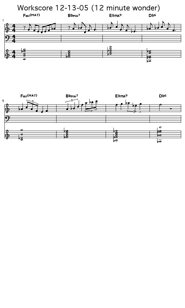 Workscore 12-13-05 (12 minute wonder): <P>I composed this melody in 12 minutes in 44 transactions using the SongTrellis Workscore Composer starting at 1:23AM PST and completing it at 1:35AM PST. After I had the melody, I did several minutes of edits to cleanup the score. </P>  <P>The rhythms of the melody are derived from several rhythm phrases extracted from one of Charlie Parker's solos on "Scrapple From The Apple".</P>