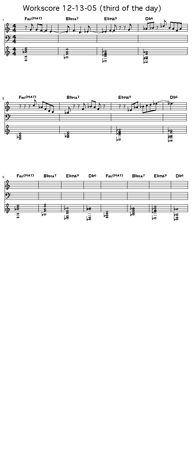 Workscore 12-13-05 (third of the day): Tried a first phrase of dotted quarters followed by differently spaced runs of eighth notes.