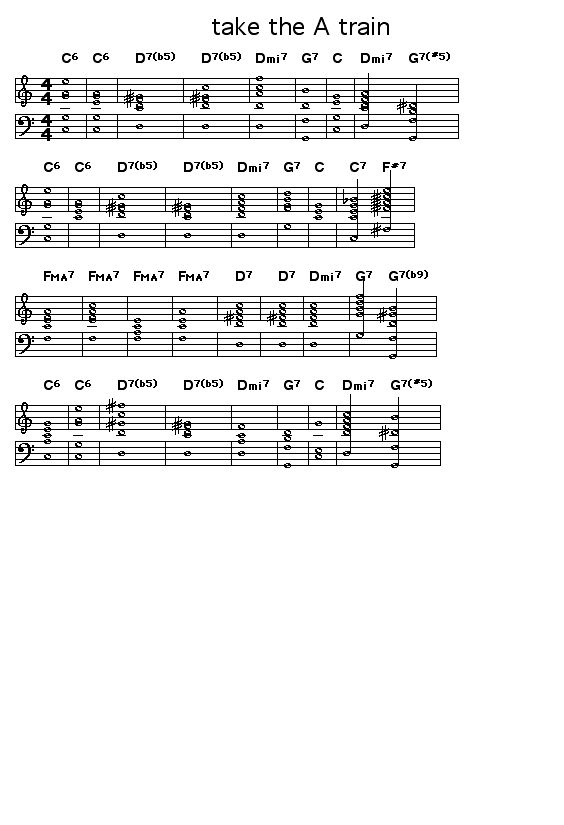 take the A train: good old time jazz standard     A few improvements compared to the version you can get from the song treillis database :    the bridge begins with F major seventh instead of F   the bridge ends with a G7b9 instead of G7    Nota:  the bar just before the bridge can be Dm7/C7 instead of C7/F#7  (which one do you like better ?)