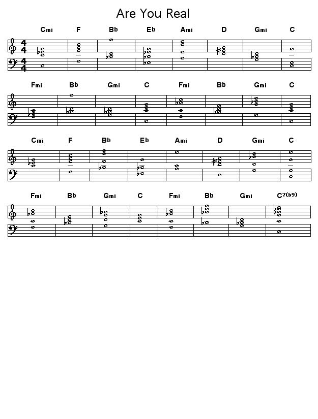 Are You Real: <P>Hi songtrellis,</P>  <P>The changes I've put up for Are You Real come from an old MS lead sheet that I don't trust (it's in my handwrting!  and lay undetected somewhere for maybe 40 years, as I completely forgot about it!).  The changes work, in a minimal sense, and the result is a good basic blower, but I can't help feeling there's a more subtle way of going about this one.   The bpm is an approximate value - anywhere in the 180+ range is okay.</P>  <P>Any suggestions, modifications, discussion, etc., gratefully received.</P>  <P>Best wishes,</P>  <P>Jerry Palmer</P>