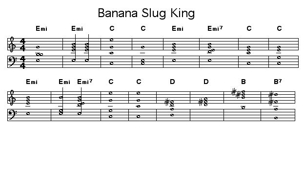 Banana Slug King: old song i writ years ago.  Again, wanted to see how it sounded played by a friendly robot.