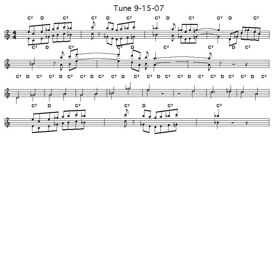 Tune 9-15-2007: An experiment to find what could be found above the progression C7 to D when it was repeated continuously in a hemiola pattern (C7-D-C7,C7-D-C7,C7-D-C7). I found a melody mostly in eighth notes that contrasted nicely with one mostly in half notes.     I reprise a small chunk of the eighth note melody at the end, which sounds cool when it wraps around to the beginning.     I doubled the entire melody an octave lower and then transposed the melody in the second copy so that it sometimes plays a major 11th, major 10th, or major 9th interval below the main melody in small episodes, adding a discordance which I enjoy hearing.    Here the <a href="http://tinyurl.com/27ntan">tunetext<a> for this song.</a></a>