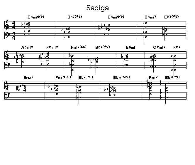 Sadiga: Chord changes for George Coleman's "Sadiga". This was first performed on Max Roach's album "Max Roach, Drums".