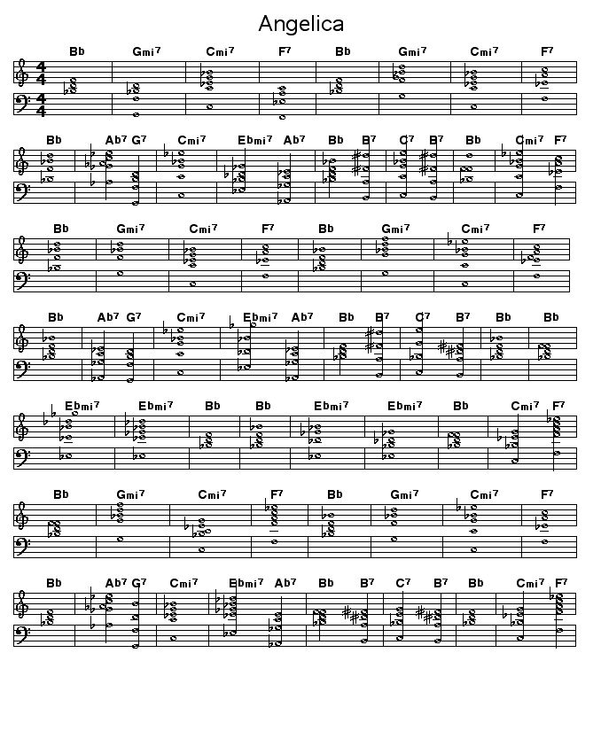Angelica: <P>Chord changes for Duke Ellington's "Angelica", which was written for the album "Duke Ellington and John Coltrane" which was recorded by Impulse Records in 1962.</P>  <P>The melody for this was played with a calypso feel. </P>