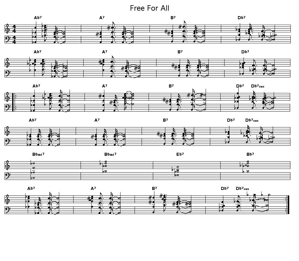 Free For All: Chord progression for Wayne Shorter's "Free For All". Art Blakey's Jazz Messengers hit a high point during Shorter's tenure with the band when this was recorded as the title track for Blakey's "Free For All" album.     This tune starts with an 8 bar long introduction. The main section of the tune is 16 bars in length, consisting of 2 repetitions of a 4 bar A section, a 4 bar B section, and a final repeat of the 4 bar A section.    I transcribed this progression to satisfy a request. I'm not aware of a another publicly available source for this.     I'm don't yet trust my transcription technique to state that I believe this transcription is totally correct. The identification of last chord in bar 4 of the A sections I distrust the most. If someone can identify this better than I, I would be much obliged to you.