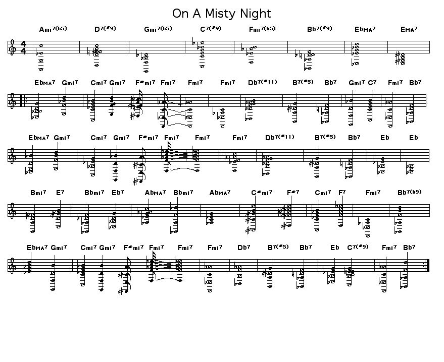 On A Misty Night: Chord changes for Tadd Dameron's "On A Misty Night". The famous performance of this was made by John Coltrane and Dameron on their  collaboration, the album "Mating Call"    <object type="application/x-shockwave-flash" data="http://www.lala.com/external/flash/SingleSongWidget.swf" id="lalaSongEmbed" width="220" height="70"><param name="movie" value="http://www.lala.com/external/flash/SingleSongWidget.swf"/><param name="wmode" value="transparent"/><param name="allowNetworking" value="all"/><param name="allowScriptAccess" value="always"/><param name="flashvars" value="songLalaId=432627056455611859&host=www.lala.com&partnerId=membersong"/><embed id="lalaSongEmbed" name="lalaSongEmbed" src="http://www.lala.com/external/flash/SingleSongWidget.swf" width="220" height="70" type="application/x-shockwave-flash" pluginspage="http://www.macromedia.com/go/getflashplayer" wmode="transparent" allowNetworking="all" allowScriptAccess="always" flashvars="songLalaId=432627056455611859&host=www.lala.com&partnerId=membersong"></embed></object><div style="font-size: 9px; margin-top: 2px;"><a href="http://www.lala.com/song/432627056455611859" title="On A Misty Night - John Coltrane" target="_blank">On A Misty Night - John Coltra...</a></div>