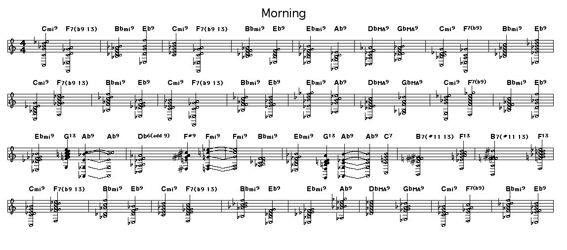 Morning: Chord arrangement of Clare Fischer's "Morning".    Arrangement revised on 2/17/2012.