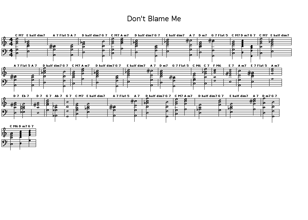 Don't Blame Me: Gif image of a score showing the chord symbols and example chord voicings playable on piano of the chord progression for Jimmy McHugh's "Don't Blame Me". <p>