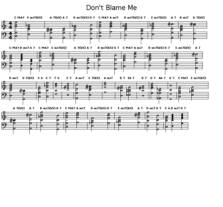 Don't Blame Me: Gif image of a score showing the chord symbols and example chord voicings playable on piano of the chord progression for Jimmy McHugh's \"Don't Blame Me\". <p>