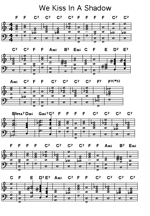 We Kiss In A Shadow, page 1: Gif rendering of page 1 of the score of  the chord progression for Richard Rodger's "We Kiss In A Shadow". 