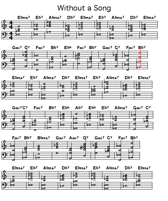 Without A Song, page1: Gif rendering of page 1 of the score for the chord progression of Victor Youmans' "Without A Song".