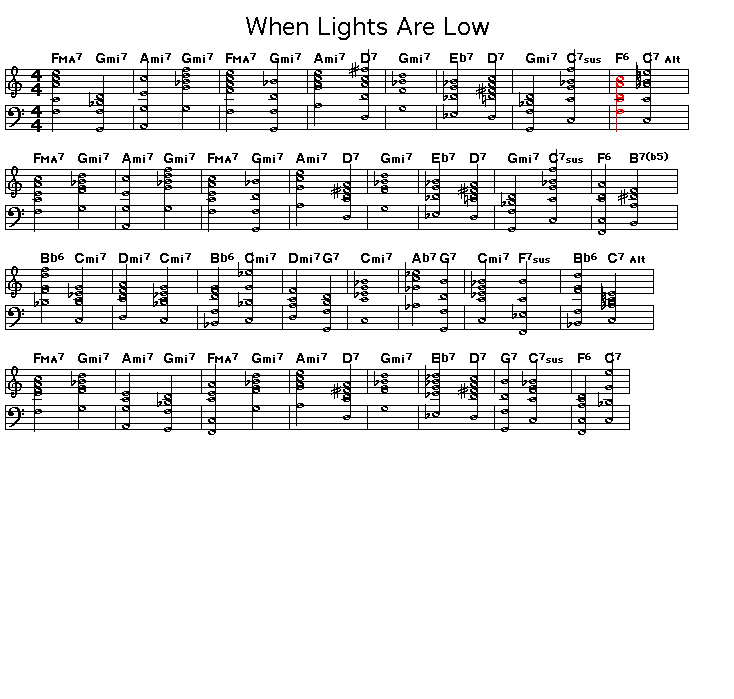 When Lights Are Low: Gif rendering of the score for the chord progression of Benny Carter's "When Lights Are Low".
