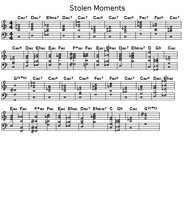 Stolen Moments: GIF image of the score for the chord progression of Oliver Nelson's "Stolen Moments". This score shows the four bar introduction of the tune and then two repetitions  of the main channel of the tune.