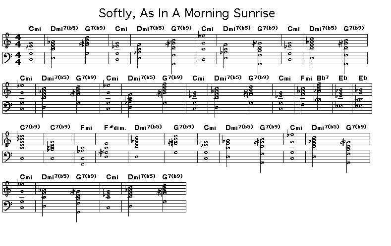 Softly, As In A Morning's Sunrise score: GIF rendering of the score for the chord progression of Sigmund Romberg's "Softly, As In A Morning Sunrise".